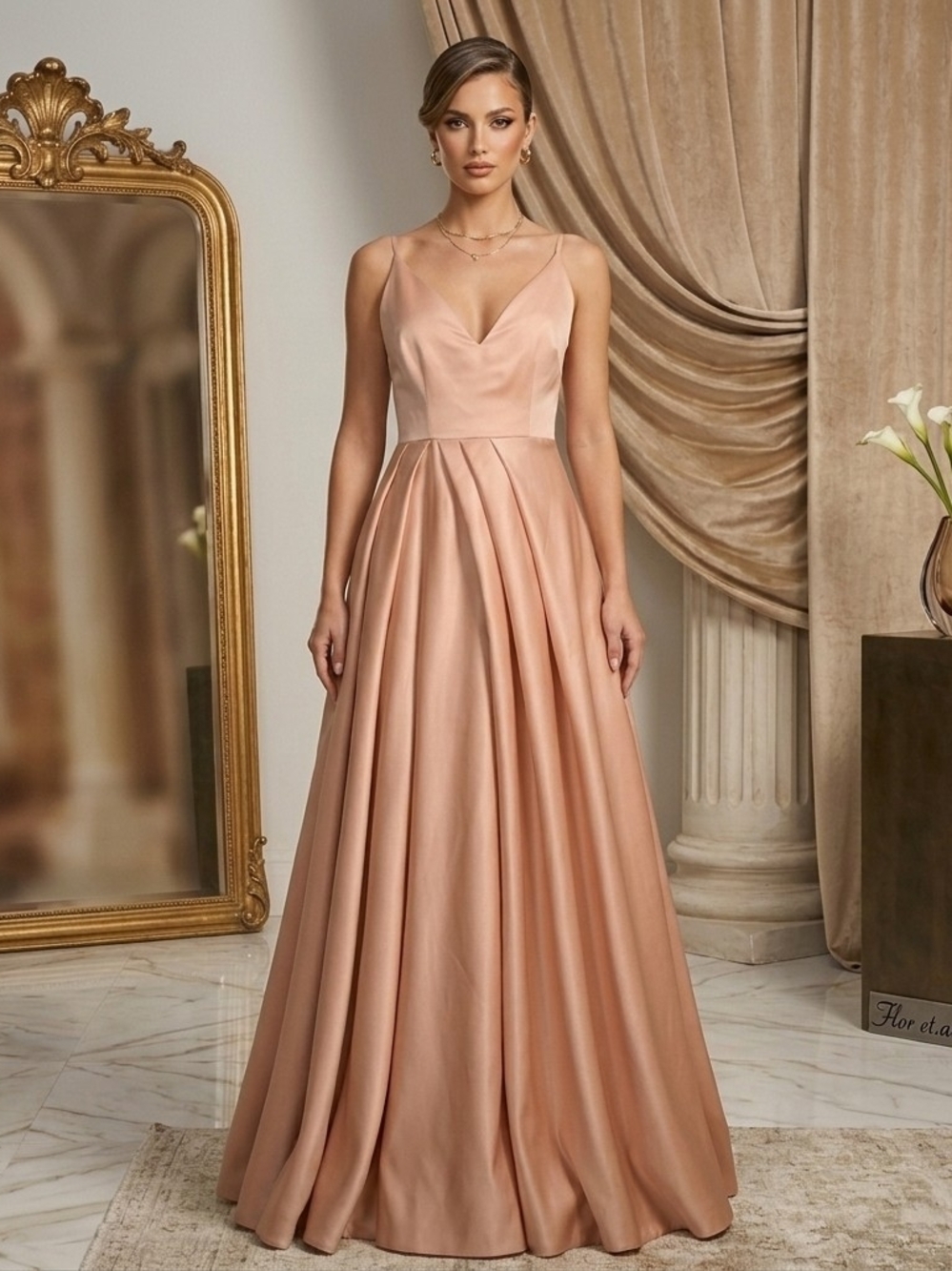 Flor et.al Pastel Peach Satin Pleated Ball Gown Maxi Dress - Size 6